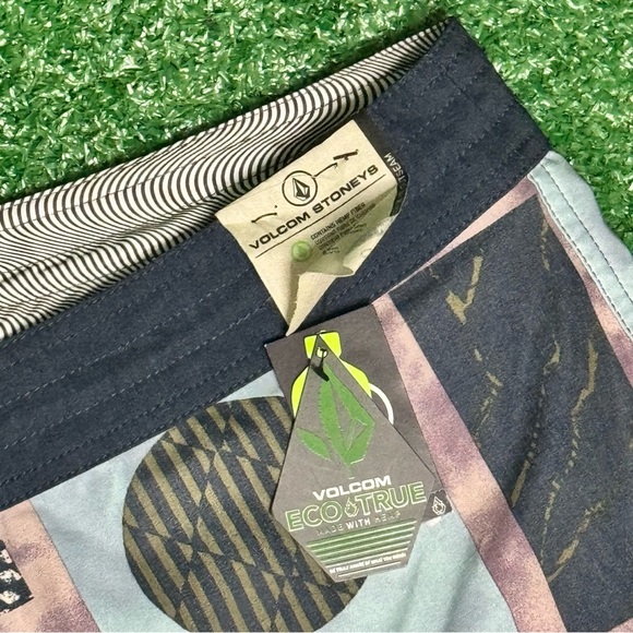 Volcom Blue and Pink Board Shorts with Geometric Design - Picture 2 of 5